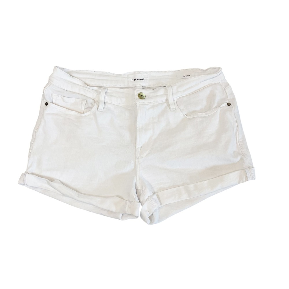 FRAME Le Cutoff White Denim Shorts Womens 28 Rolled Hem Mid Rise Five Pocket